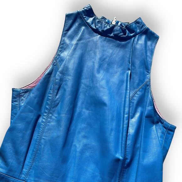 Vintage 80s Ambria Blue Leather Fitted Sleeveless High Neck‎ Dress Size 10 - Picture 10 of 13